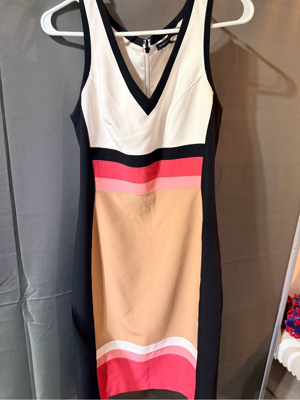 White House Black Market Colorblock V-Neck Dress in Black, White, Pink, and Tan